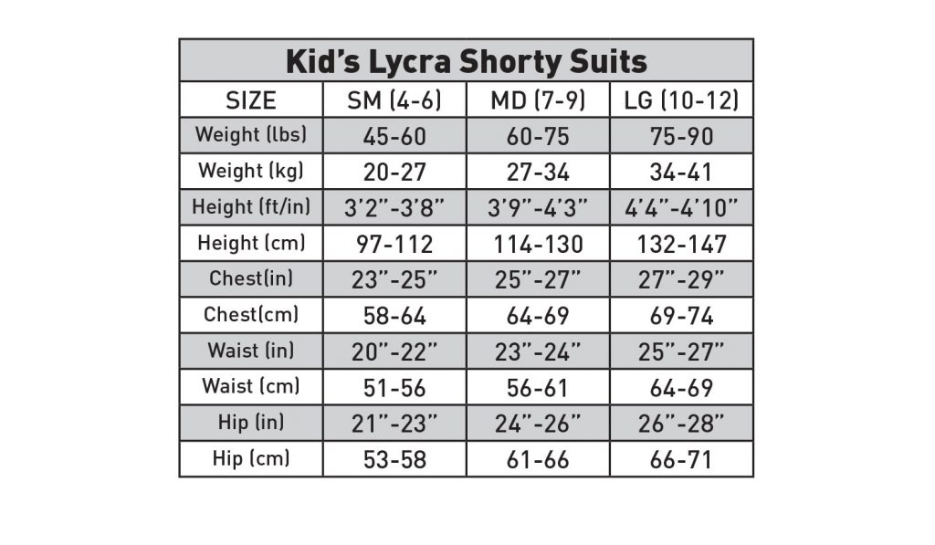 Kids Lycra Shorty Size Chart
