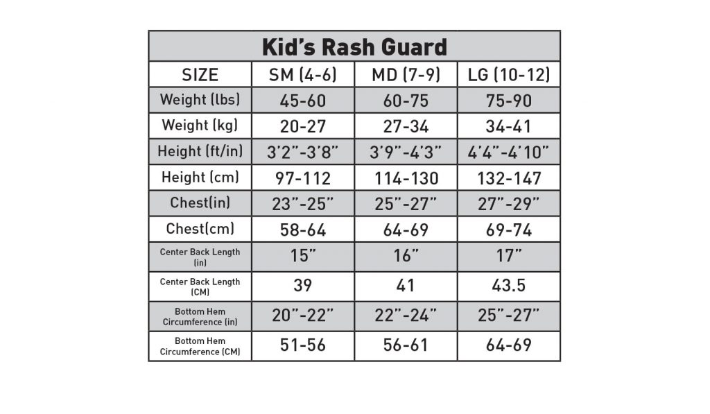 Kid's Rash Guard Size Chart