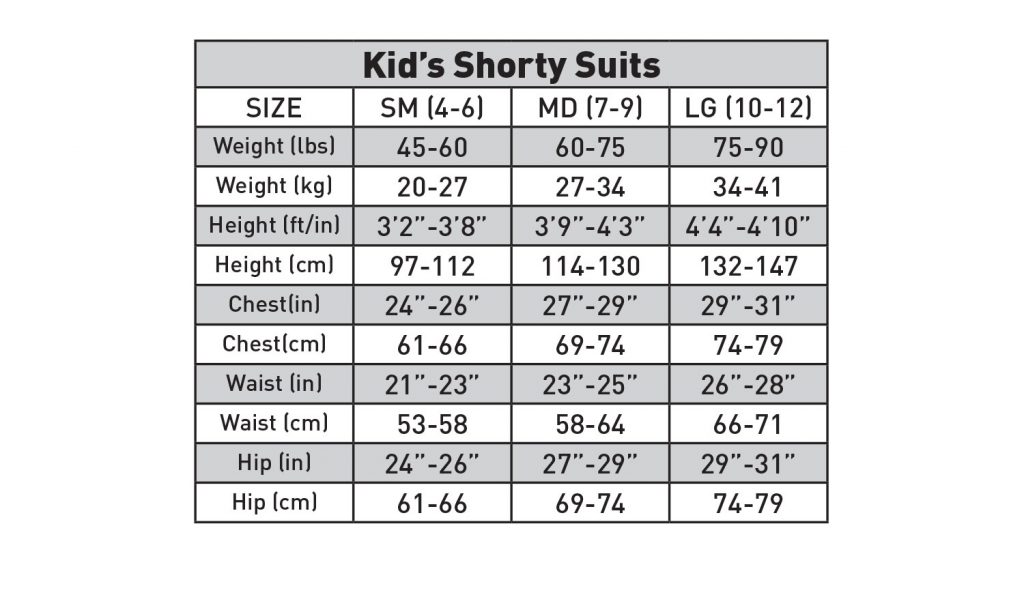Kid's Shorty Size Chart