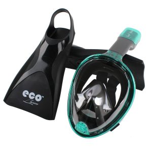 Reef Glider Set Full Face Mask w/ Integrated Dry Snorkel Black Fins Trans Emerald/Black SM
